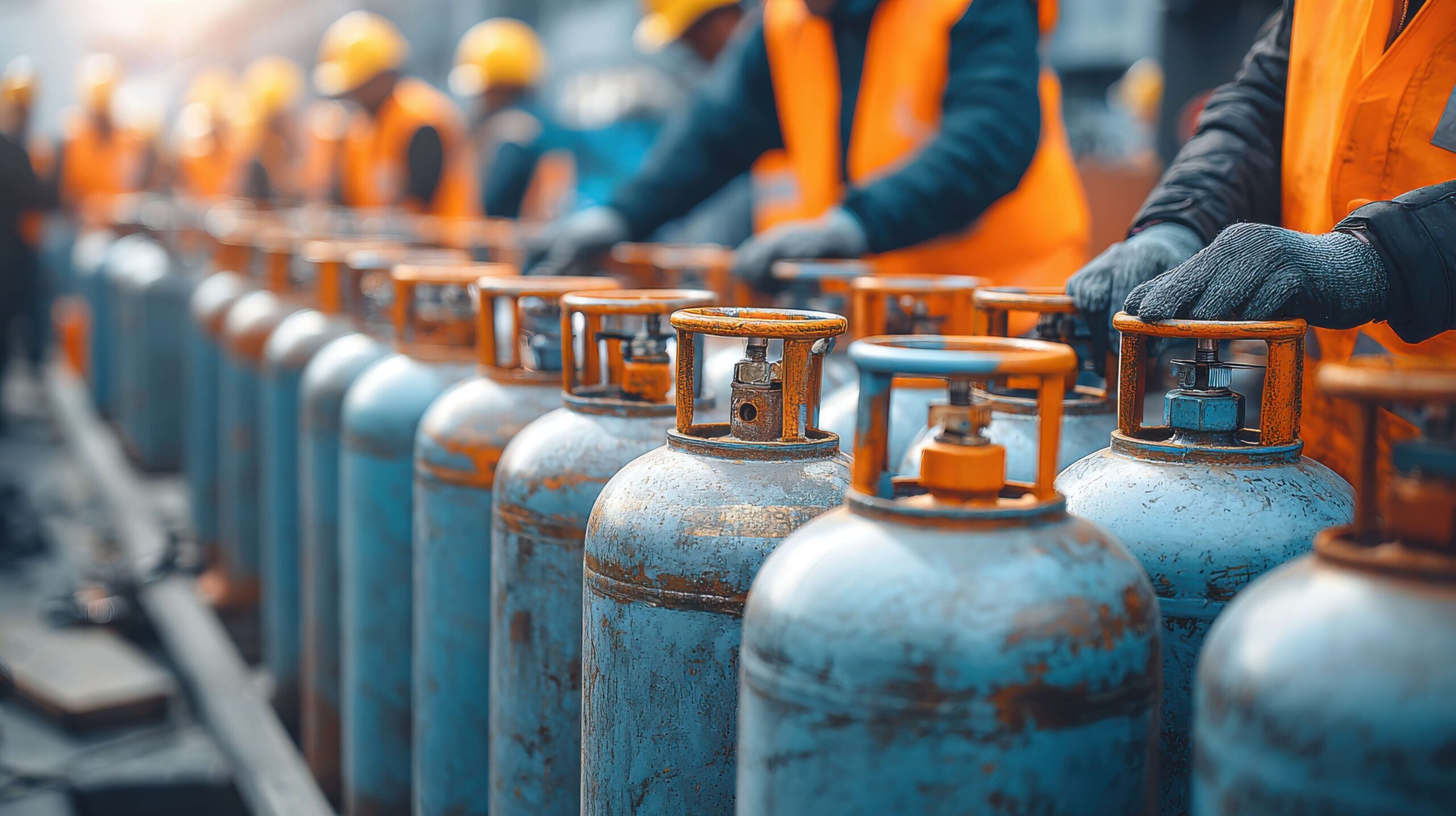 propane canisters in a row with workers