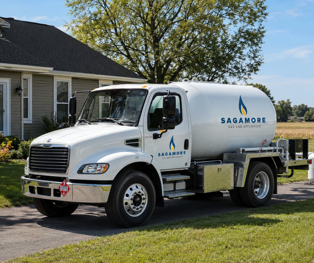 Sagamore gas delivery truck parked outside a home, ready to provide temporary heating solutions.